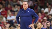 Oct 25, 2024; Fayetteville, AR, USA; Kansas Jayhawks head coach Bill Self during the second half against the Arkansas Razorbacks at Bud Walton Arena. Mandatory Credit: Nelson Chenault-Imagn Images