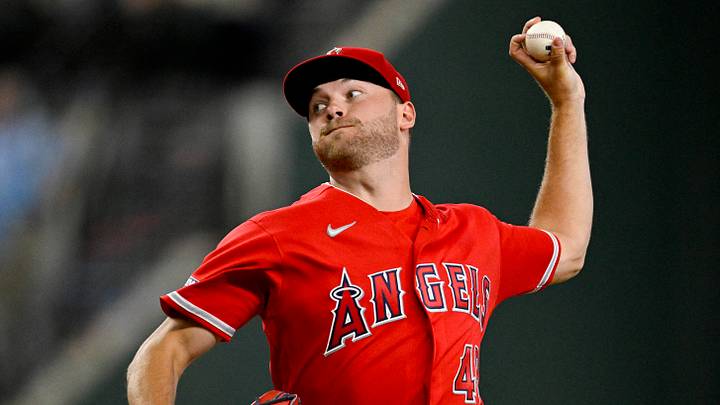 Jul 9, 2026; Arlington, Texas, USA; Los Angeles Angels starting pitcher Reid Detmers (48) pitches against the Texas Rangers during the first inning at Globe Life Field. Mandatory Credit: Jerome Miron-Imagn Images