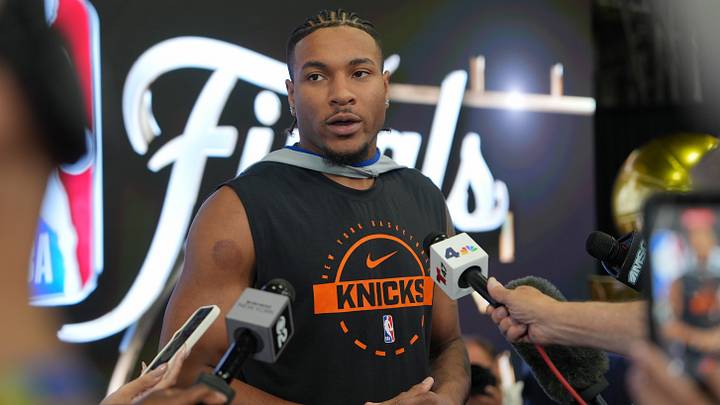 Jun 2, 2026; San Antonio, TX, USA;  New York Knicks guard Miles McBride (2) talks to the press during media day for the 2026 NBA Finals at Frost Bank Center. Mandatory Credit: Daniel Dunn-Imagn Images
