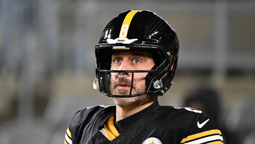 Jan 12, 2026; Pittsburgh, PA, USA; Pittsburgh Steelers quarterback Aaron Rodgers (8) warms up before an AFC Wild Card Round game against the Houston Texans at Acrisure Stadium. Mandatory Credit: Barry Reeger-Imagn Images