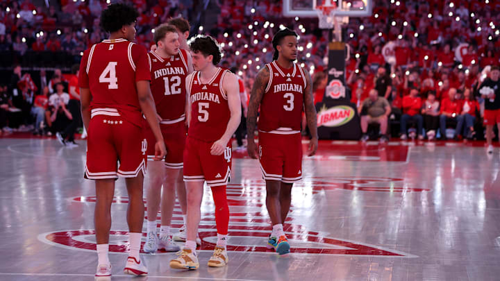 Mar 7, 2026; Columbus, Ohio, USA; Indiana Hoosiers players react as time winds down during the second half against the Indiana Hoosiers at Value City Arena. Mandatory Credit: Joseph Maiorana-Imagn Images