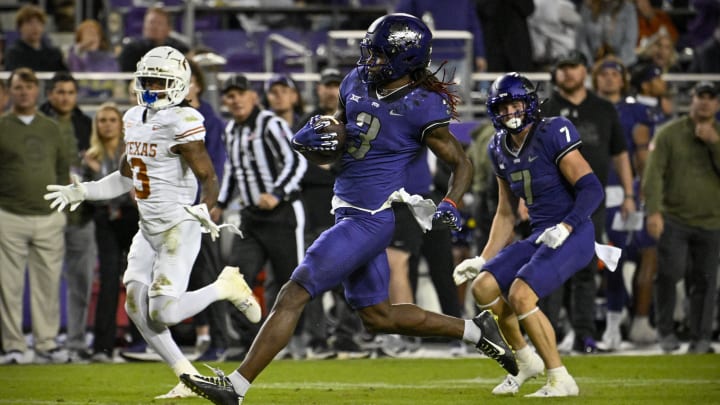 Nov 11, 2023; Fort Worth, Texas, USA; TCU Horned Frogs wide receiver Savion Williams (3) in action during the game between the TCU Horned Frogs and the Texas Longhorns at Amon G. Carter Stadium. Mandatory Credit: Jerome Miron-USA TODAY Sports