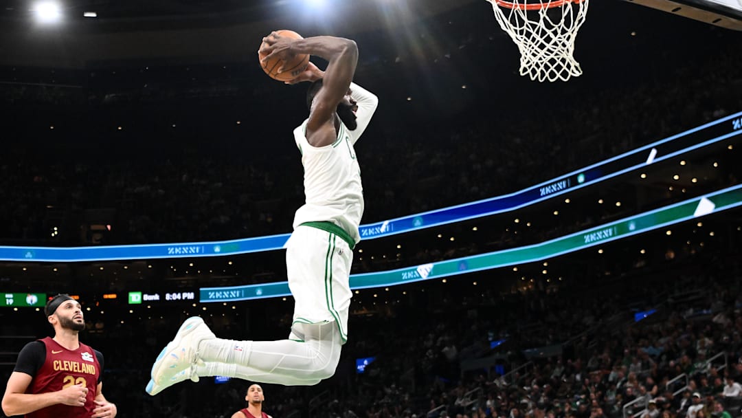 Oct 12, 2025; Boston, Massachusetts, USA; Boston Celtics guard/forward Jaylen Brown (7) dunks and scores against the Cleveland Cavaliers during the first half at TD Garden. Mandatory Credit: Brian Fluharty-Imagn Images Oct 12, 2025; Boston, Massachusetts, USA; Boston Celtics guard/forward Jaylen Brown (7) dunks and scores against the Cleveland Cavaliers during the first half at TD Garden. Mandatory Credit: Brian Fluharty-Imagn Images