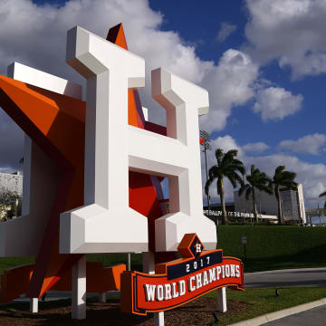 Mar 9, 2021; West Palm Beach, Florida, USA; A general view of the Houston Astros logo statue outside of The Ballpark of the Palm Beaches prior to the spring training game between the Houston Astros and the Washington Nationals. Mandatory Credit: Jasen Vinlove-USA TODAY Sports