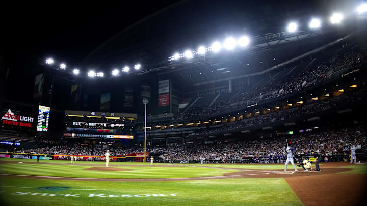 Apr 30, 2024; Phoenix, Arizona, USA; Overall view of Chase Field as Los Angeles Dodgers designated hitter Shohei Ohtani bats against the Arizona Diamondbacks. Mandatory Credit: Mark J. Rebilas-USA TODAY Sports Apr 30, 2024; Phoenix, Arizona, USA; Overall view of Chase Field as Los Angeles Dodgers designated hitter Shohei Ohtani bats against the Arizona Diamondbacks. Mandatory Credit: Mark J. Rebilas-USA TODAY Sports