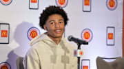 Apr 1, 2024; Houston, TX, USA; McDonald's All American East guard Jalil Bethea speaks during a press conference at JW Marriott Houston by The Galleria. Mandatory Credit: Maria Lysaker-Imagn Images