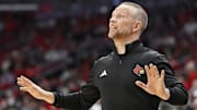 Nov 3, 2025; Louisville, Kentucky, USA;  Louisville Cardinals head coach Pat Kelsey calls out instructions during the first half against the South Carolina State Bulldogs at KFC Yum! Center. Mandatory Credit: Jamie Rhodes-Imagn Images