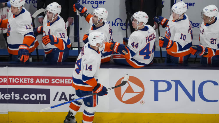 Apr 4, 2024; Columbus, Ohio, USA;  New York Islanders center Bo Horvat (14) celebrates with