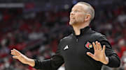 Nov 3, 2025; Louisville, Kentucky, USA;  Louisville Cardinals head coach Pat Kelsey calls out instructions during the first half against the South Carolina State Bulldogs at KFC Yum! Center. Mandatory Credit: Jamie Rhodes-Imagn Images