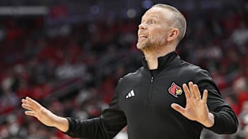 Nov 3, 2025; Louisville, Kentucky, USA;  Louisville Cardinals head coach Pat Kelsey calls out instructions during the first half against the South Carolina State Bulldogs at KFC Yum! Center. Mandatory Credit: Jamie Rhodes-Imagn Images
