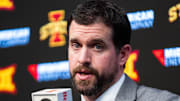 Jimmy Rogers speaks during his introductory press conference as Iowa State’s new head football coach on Dec. 8, 2025, at Iowa State University in Ames, IA.