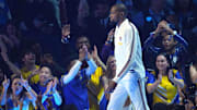 Feb 16, 2025; San Francisco, CA, USA; Shaqís OGs forward Kevin Durant (35) of the Sacramento Kings during player introductions before the 2025 NBA All Star Game at Chase Center. Mandatory Credit: Darren Yamashita-Imagn Images