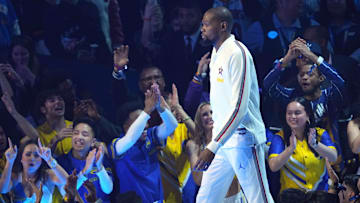 Feb 16, 2025; San Francisco, CA, USA; Shaqís OGs forward Kevin Durant (35) of the Sacramento Kings during player introductions before the 2025 NBA All Star Game at Chase Center. Mandatory Credit: Darren Yamashita-Imagn Images