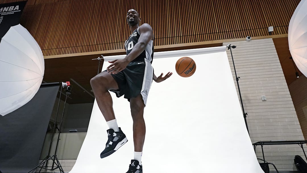 Sep 30, 2024; San Antonio, TX, USA; San Antonio Spurs  forward Harrison Barnes (40) poses for photos during Media Day at Victory Capital Performance Center in San Antonio.