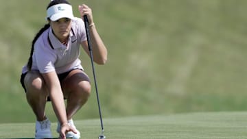 Amateur Kiara Romero lines up her putt for a birdie during the first round of the U.S. Women’s Open at Erin Hills in the Town of Erin, May 29, 2025.