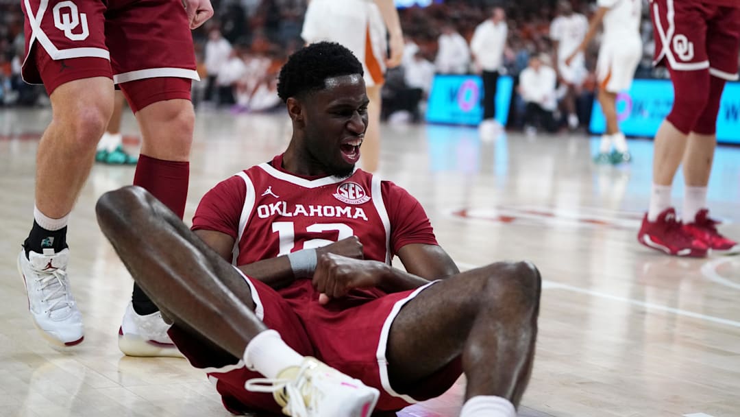 Oklahoma Sooners guard Jadon Jones (12) reacts to a Texas Longhorns foul during the first half at Moody Center. 