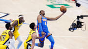 Oklahoma City Thunder forward Jalen Williams drives to the basket against the Indiana Pacers during the 2025 NBA Finals