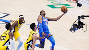 Oklahoma City Thunder forward Jalen Williams drives to the basket against the Indiana Pacers during the 2025 NBA Finals