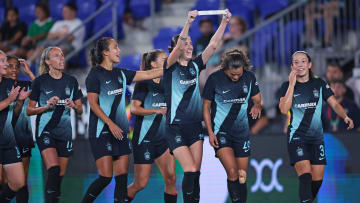 Aug 2, 2024; Harrison, NJ, USA; NJ/NY Gotham FC forward Ella Stevens (13) celebrates after scoring a goal during the second half against Chivas de Guadalajara with teammates at Red Bull Arena. Mandatory Credit: Vincent Carchietta-USA TODAY Sports