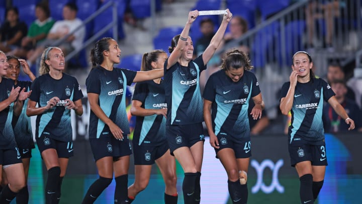 Aug 2, 2024; Harrison, NJ, USA; NJ/NY Gotham FC forward Ella Stevens (13) celebrates after scoring a goal during the second half against Chivas de Guadalajara with teammates at Red Bull Arena. Mandatory Credit: Vincent Carchietta-USA TODAY Sports