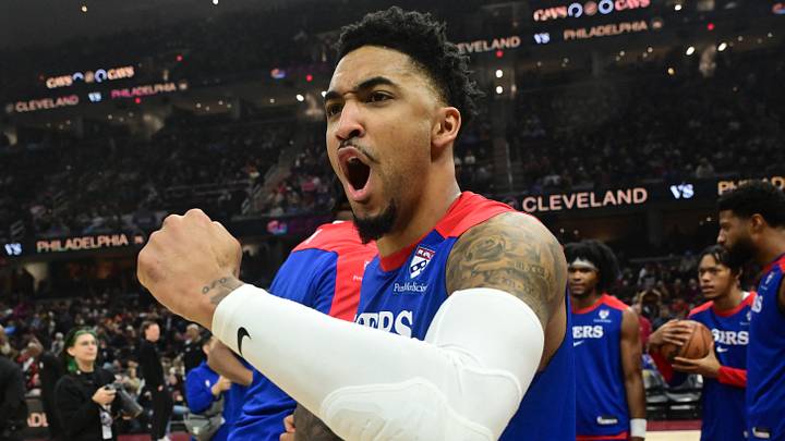 Dec 21, 2024; Cleveland, Ohio, USA; Philadelphia 76ers forward KJ Martin (1) reacts during introductions before the game between the Cleveland Cavaliers and the 76ers at Rocket Mortgage FieldHouse. 