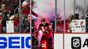 Apr 9, 2024; Newark, New Jersey, USA; New Jersey Devils left wing Ondrej Palat (18) enters the ice for pregame warm up before a game against the Toronto Maple Leafs at Prudential Center. Mandatory Credit: Jonathan Jones-Imagn Images