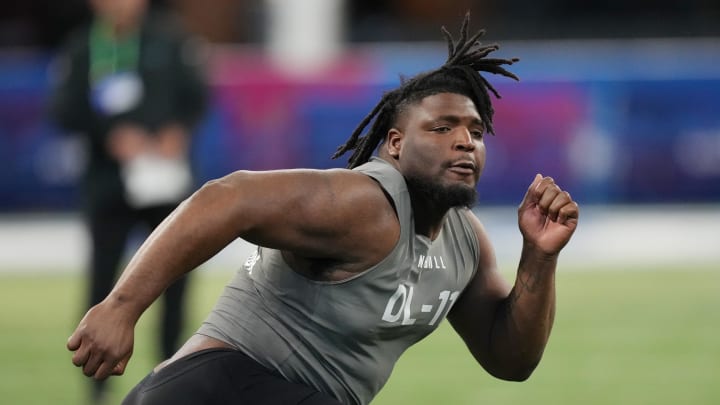 Feb 29, 2024; Indianapolis, IN, USA; Texas A&M defensive lineman McKinnley Jackson (DL11) works out during the 2024 NFL Combine at Lucas Oil Stadium. Mandatory Credit: Kirby Lee-USA TODAY Sports