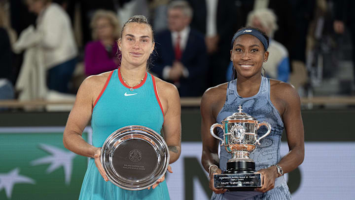 Coco Gauff of the United States poses with Aryna Sabalenka after their match. Coco Gauff of the United States poses with Aryna Sabalenka after their match.