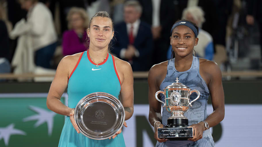Coco Gauff of the United States poses with Aryna Sabalenka after their match. | Susan Mullane-Imagn Images