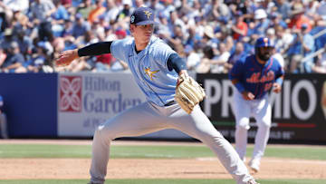 Mar 12, 2023; Port St. Lucie, Florida, USA;  Tampa Bay Rays relief pitcher Evan Reifert (86) throws a pitch during the third inning against the New York Mets at Clover Park. Mandatory Credit: Reinhold Matay-Imagn Images