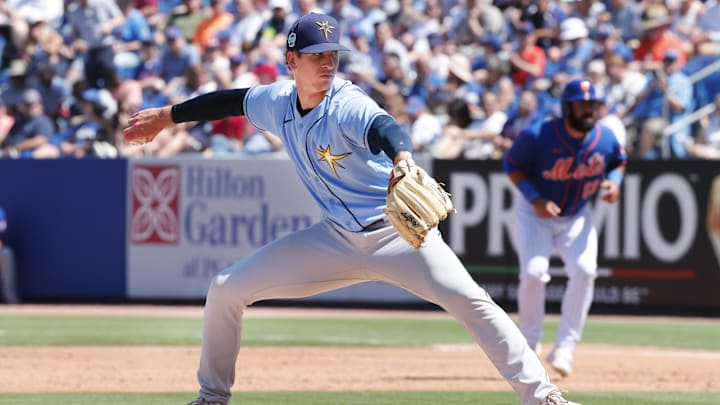 Mar 12, 2023; Port St. Lucie, Florida, USA;  Tampa Bay Rays relief pitcher Evan Reifert (86) throws a pitch during the third inning against the New York Mets at Clover Park. Mandatory Credit: Reinhold Matay-Imagn Images