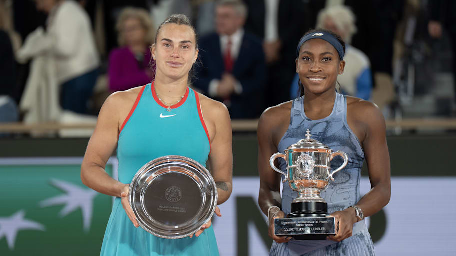 Coco Gauff of the United States poses with Aryna Sabalenka after their match on day 14 at Roland Garros Stadium. | Susan Mullane-Imagn Images