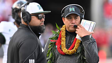 Oct 19, 2024; Pullman, Washington, USA; Hawaii Warriors head coach Timmy Chang looks on during the first half against the Washington State Cougars at Gesa Field at Martin Stadium. Mandatory Credit: James Snook-Imagn Images