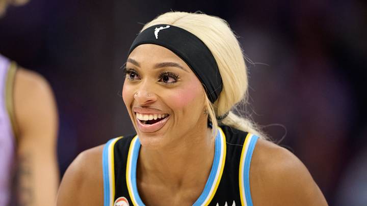 San Francisco, California, USA; Chicago Sky guard DiJonai Carrington (7) reacts during a stoppage of play against the Golden State Valkyries during the fourth quarter at Chase Center on August 12, 2026.