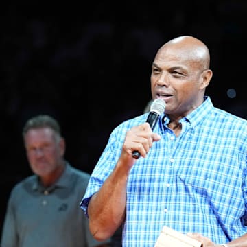 Oct 28, 2023; Phoenix, Arizona, USA; Phoenix Suns legend Charles Barkley greets fans during a Ring of Honor half time ceremony of the game against the Utah Jazz at Footprint Center. Mandatory Credit: Joe Camporeale-Imagn Images