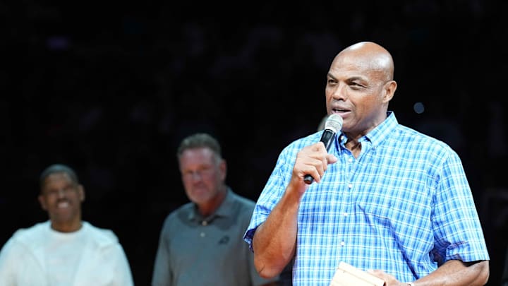 Oct 28, 2023; Phoenix, Arizona, USA; Phoenix Suns legend Charles Barkley greets fans during a Ring of Honor half time ceremony of the game against the Utah Jazz at Footprint Center. Mandatory Credit: Joe Camporeale-Imagn Images