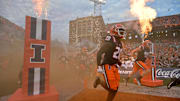 Sep 13, 2025; Champaign, Illinois, USA;  The Illinois Fighting Illini take the field before the start of a game with the Western Michigan Broncos at Memorial Stadium. Mandatory Credit: Ron Johnson-Imagn Images
