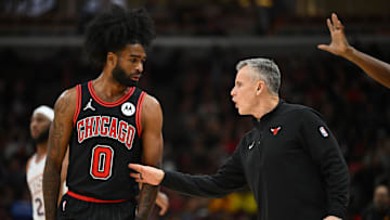 Nov 8, 2023; Chicago, Illinois, USA;  Chicago Bulls head coach Billy Donovan talks to guard Coby White (0) during a game against the Phoenix Suns at United Center. Mandatory Credit: Jamie Sabau-Imagn Images