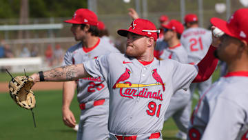 St. Louis Cardinals outfielder Nathan Church warms-up during spring training. Mandatory Credit: Jim Rassol-Imagn Images