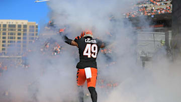 Oct 26, 2025; Cincinnati, Ohio, USA; Cincinnati Bengals linebacker Barrett Carter (49) runs out to the field before the game against the New York Jets at Paycor Stadium. Mandatory Credit: Katie Stratman-Imagn Images