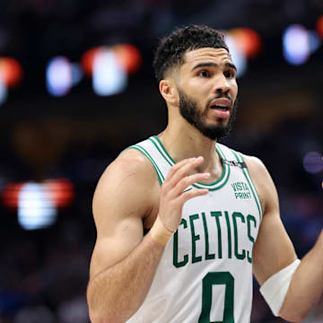 Boston Celtics forward Jayson Tatum (0) reacts after a play against the Dallas Mavericks during the second quarter during game three of the 2024 NBA Finals at American Airlines Center. 