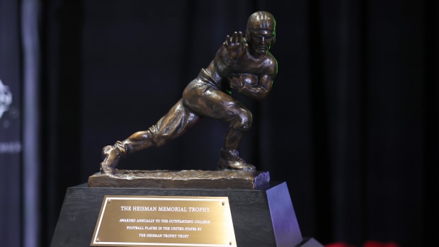 Detail view of the Heisman trophy before a press conference in the Astor ballroom at the New York Marriott Marquis.