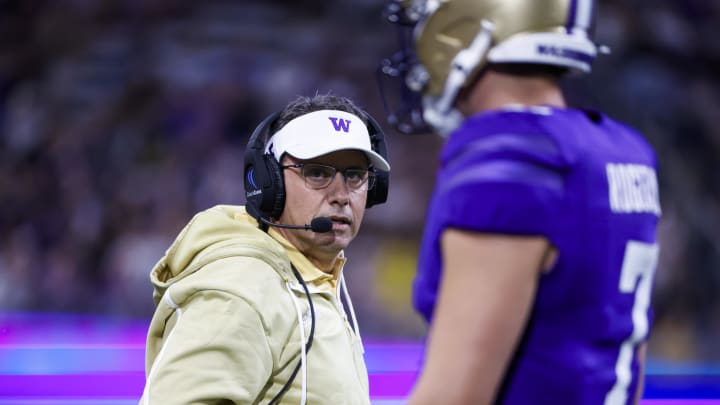 Aug 31, 2024; Seattle, Washington, USA; Washington Huskies head coach Jedd Fisch stands on the sideline during a first quarter timeout against the Weber State Wildcats at Alaska Airlines Field at Husky Stadium. Mandatory Credit: Joe Nicholson-USA TODAY Sports