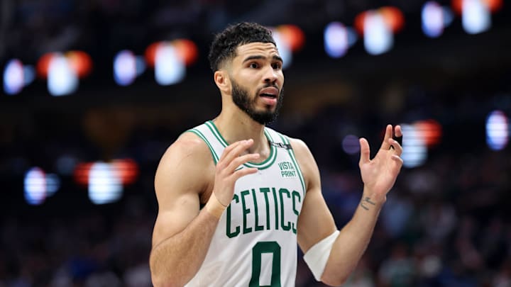 Boston Celtics forward Jayson Tatum (0) reacts after a play against the Dallas Mavericks during the second quarter during game three of the 2024 NBA Finals at American Airlines Center. 