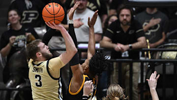 Purdue Boilermakers guard Braden Smith (3) shoots the ball over Toledo Rockets guard Bryce Ford (2) 