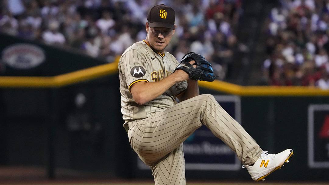 Aug 12, 2023; Phoenix, Arizona, USA; San Diego Padres starting pitcher Rich Hill (41) pitches against the Arizona Diamondbacks during the first inning at Chase Field. Mandatory Credit: Joe Camporeale-USA TODAY Sports