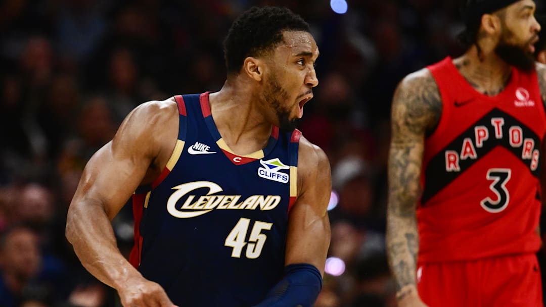 Apr 18, 2026; Cleveland, Ohio, USA; Cleveland Cavaliers guard Donovan Mitchell (45) celebrates after hitting a three point basket against the Toronto Raptors during the second half of game one in the first round of the 2026 NBA Playoffs at Rocket Arena. Mandatory Credit: Ken Blaze-Imagn Images