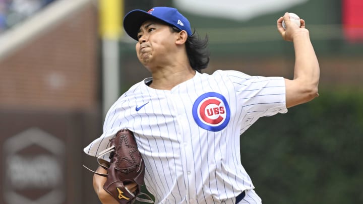 Jul 21, 2024; Chicago, Illinois, USA;  Chicago Cubs pitcher Shota Imanaga (18) pitches against the Arizona Diamondbacks during the first inning at Wrigley Field.