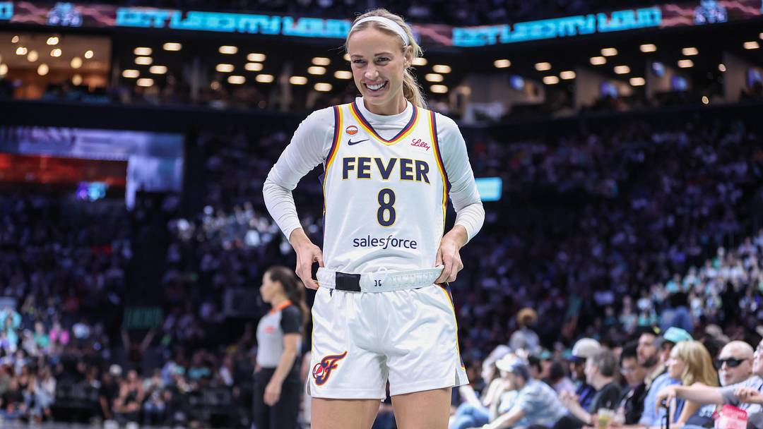 Jun 6, 2026; Brooklyn, New York, USA; Indiana Fever guard Sophie Cunningham (8) reacts to a fan in the third quarter against the New York Liberty at Barclays Center. Mandatory Credit: Wendell Cruz-Imagn Images Jun 6, 2026; Brooklyn, New York, USA; Indiana Fever guard Sophie Cunningham (8) reacts to a fan in the third quarter against the New York Liberty at Barclays Center. Mandatory Credit: Wendell Cruz-Imagn Images