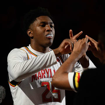 Feb 16, 2025; College Park, Maryland, USA; Maryland Terrapins center Derik Queen (25) reacts during introductions before the game against the Iowa Hawkeyes at Xfinity Center. Mandatory Credit: Reggie Hildred-Imagn Images